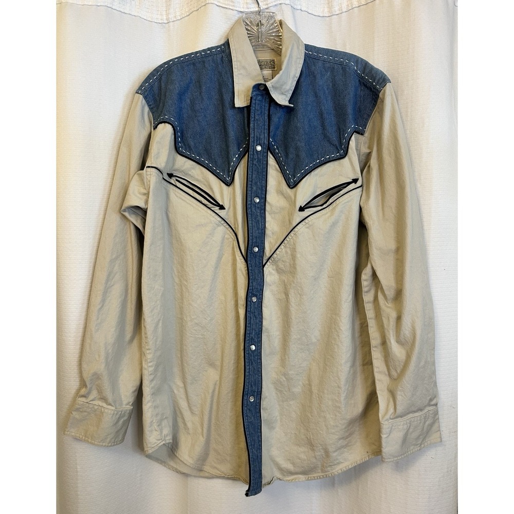 Express Rider Shirt Mens M Tan Pearl Snap Button Denim Accents
